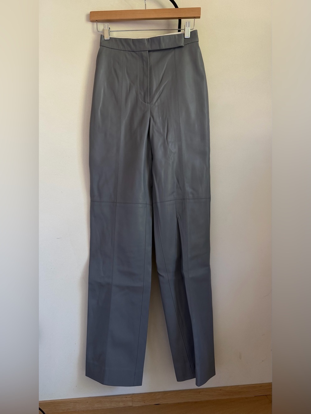 Vintage Gray Leather Straight-Leg Pants